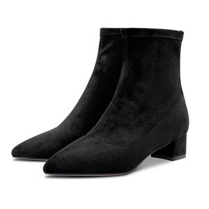 Black Pointed Toe Booties Block Heel Ankle Boots Closed Toe Suede Feel Classic
